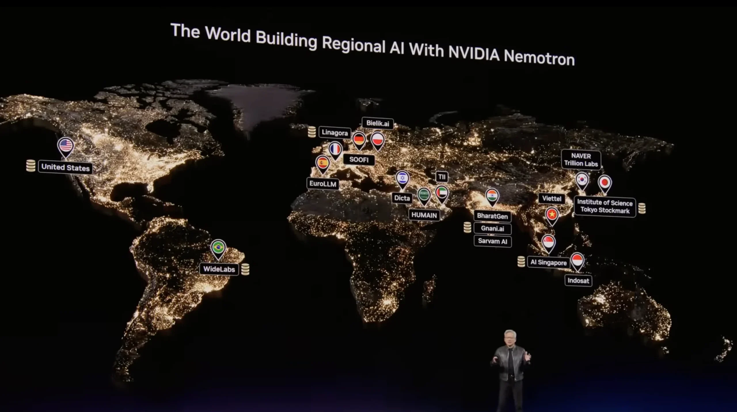 NVIDIA CEO Jensen Huang presenting "The World Building Regional AI With NVIDIA Nemotron" at GTC 2026, highlighting SOOFI for Germany on a global map.